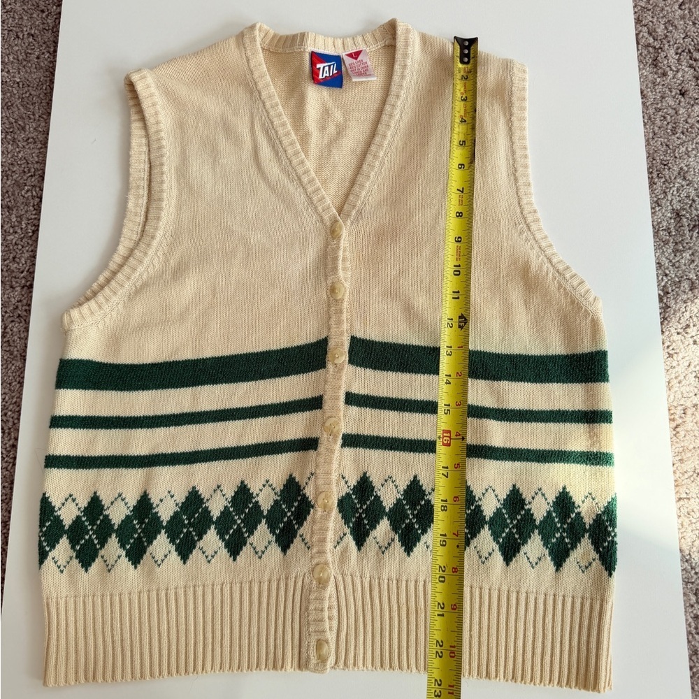 VTG 80’s Tail Sweater Vest Knit Argyle Cream/Green‎ Sz L Cottage Grandpa Core - Picture 6 of 11